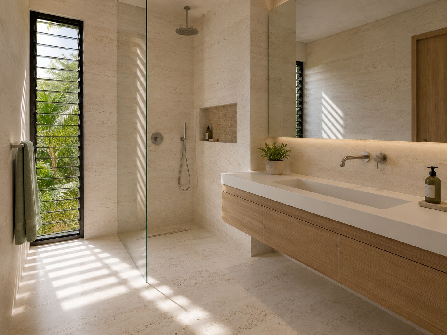 Bathroom in travertine with an oak vanity, trough basin and walk-in shower