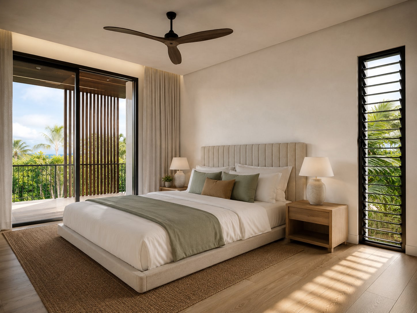 Bedroom with oak floor, full-height glazing to a screened balcony and a louvred window opposite