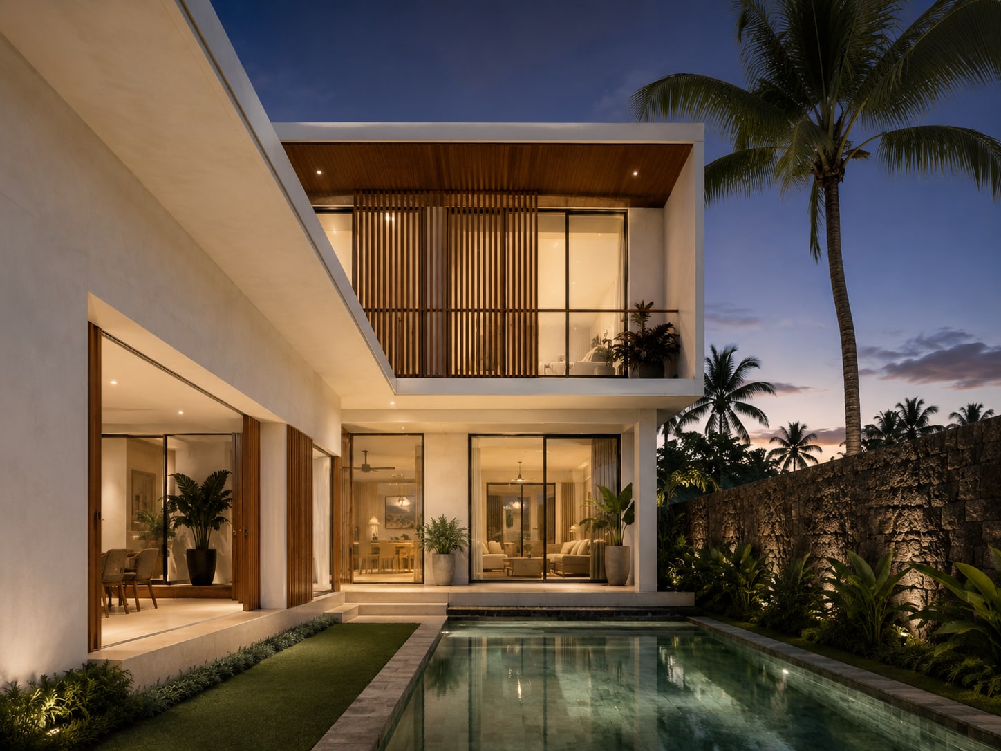 A residence at dusk, lit from within, seen across its pool