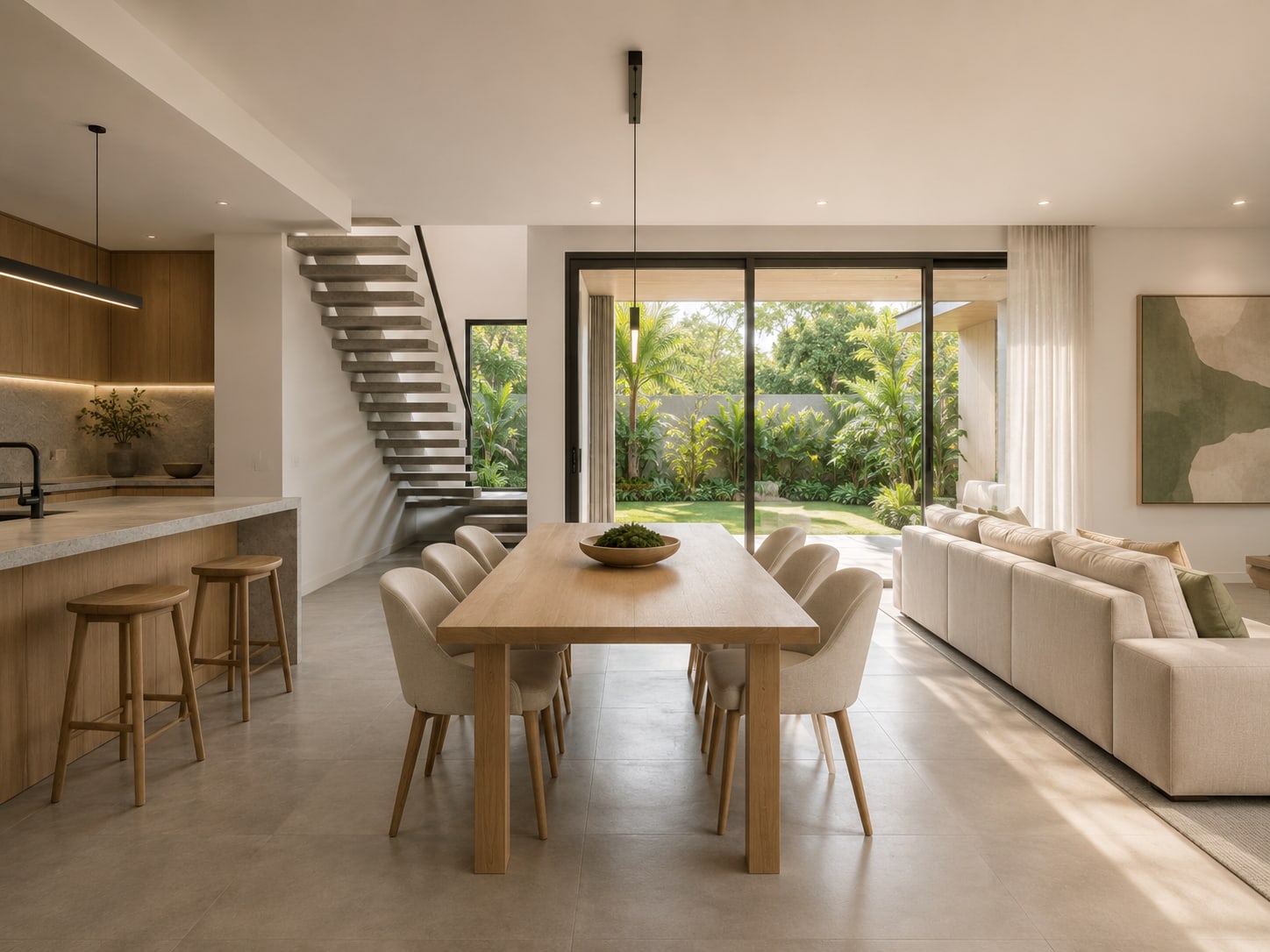 Open-plan kitchen, dining and living space with a concrete stair and full-height doors to the garden